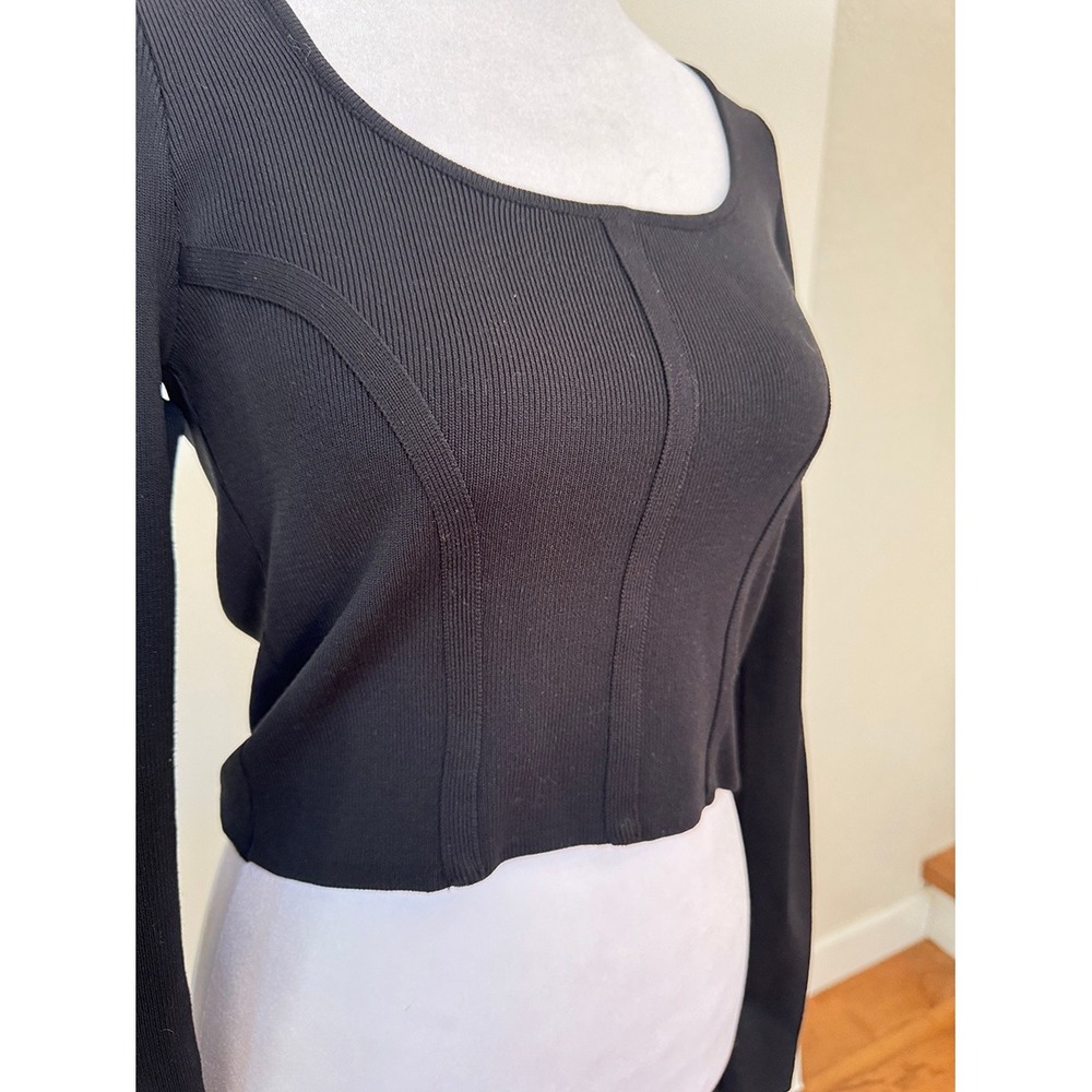 Happily Grey Womens Black Long Sleeve Ribbed Knit Crop Top Square Neck S‎